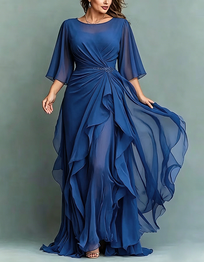 Round Neck Appliqué Twisted Ruffle Chiffon Maxi Dress
