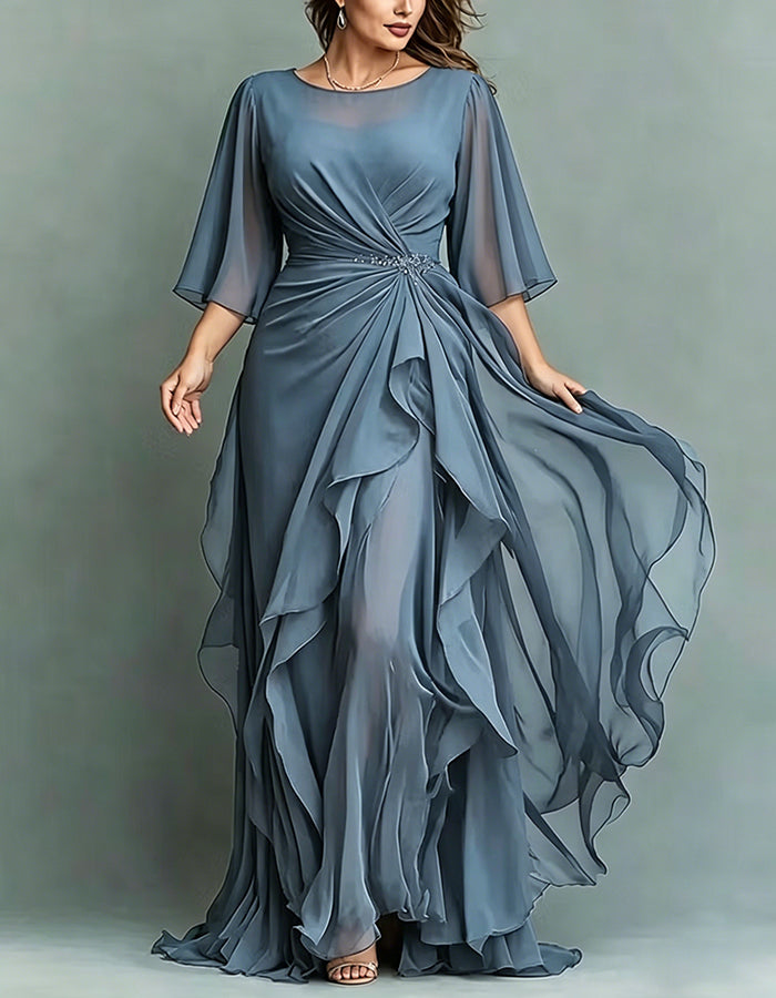 Round Neck Appliqué Twisted Ruffle Chiffon Maxi Dress