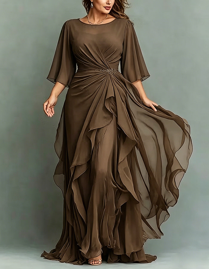 Round Neck Appliqué Twisted Ruffle Chiffon Maxi Dress