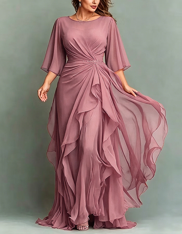 Round Neck Appliqué Twisted Ruffle Chiffon Maxi Dress