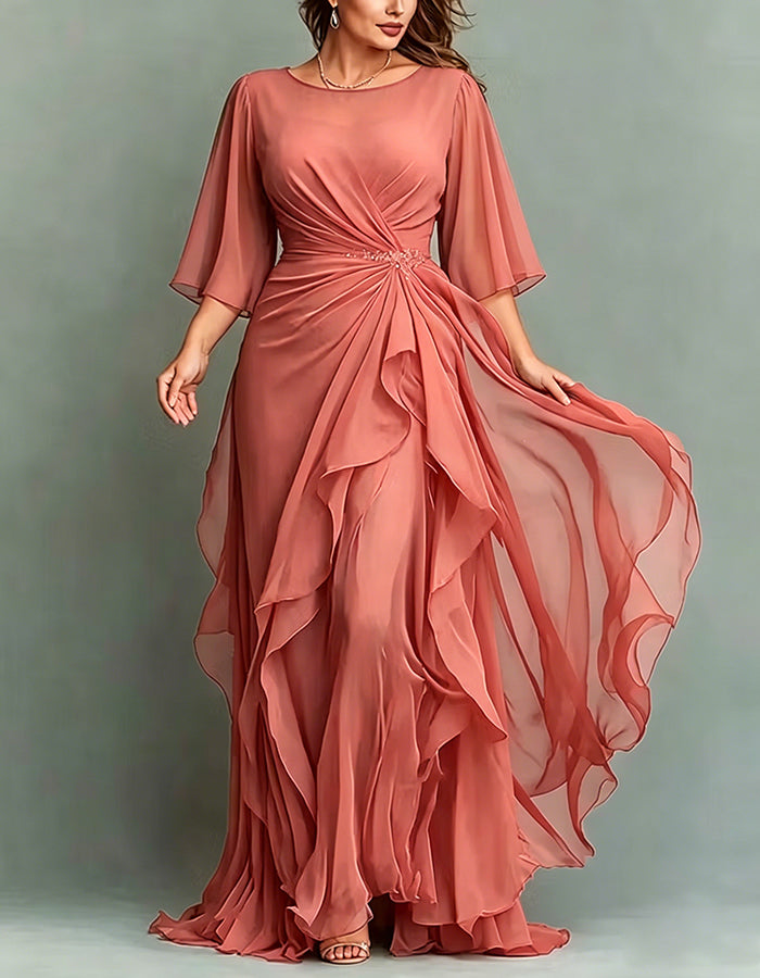 Round Neck Appliqué Twisted Ruffle Chiffon Maxi Dress