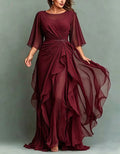 Round Neck Appliqué Twisted Ruffle Chiffon Maxi Dress