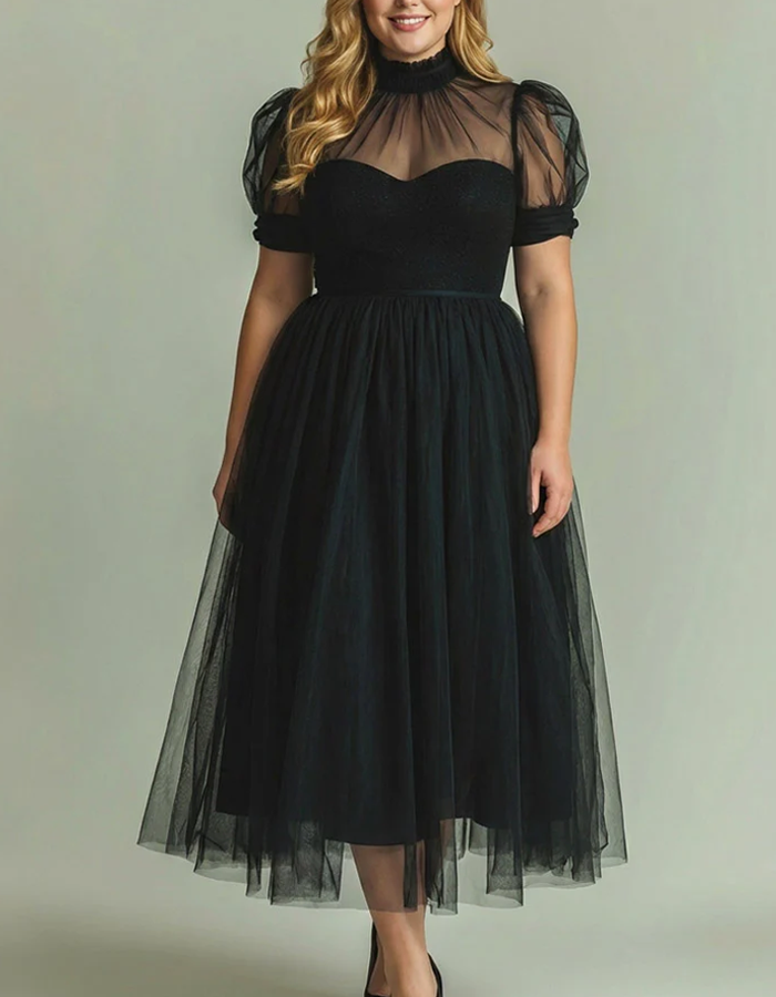 High-necked Tulle Midi Dress