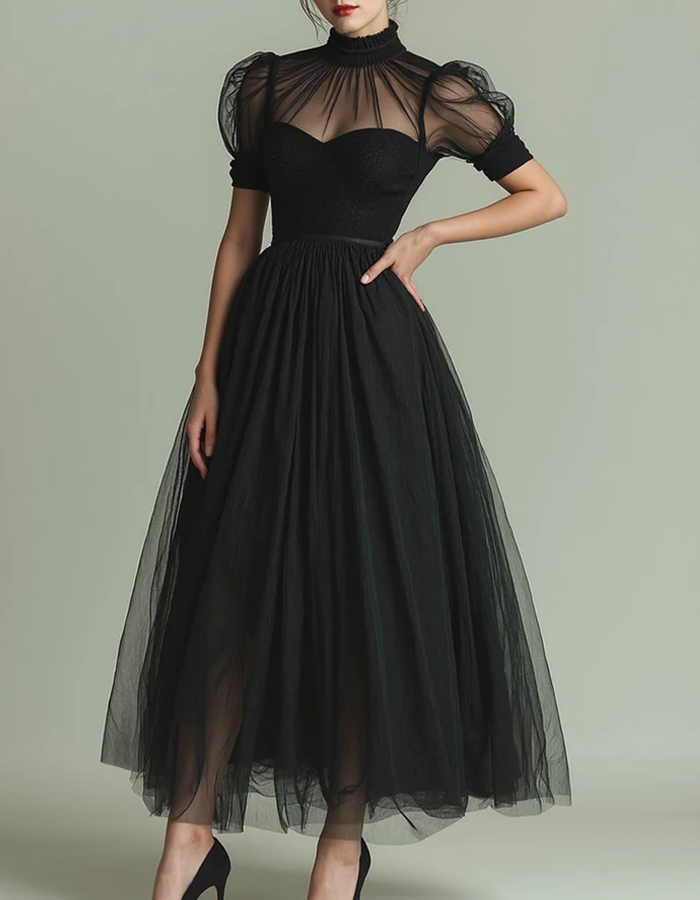High-necked Tulle Midi Dress