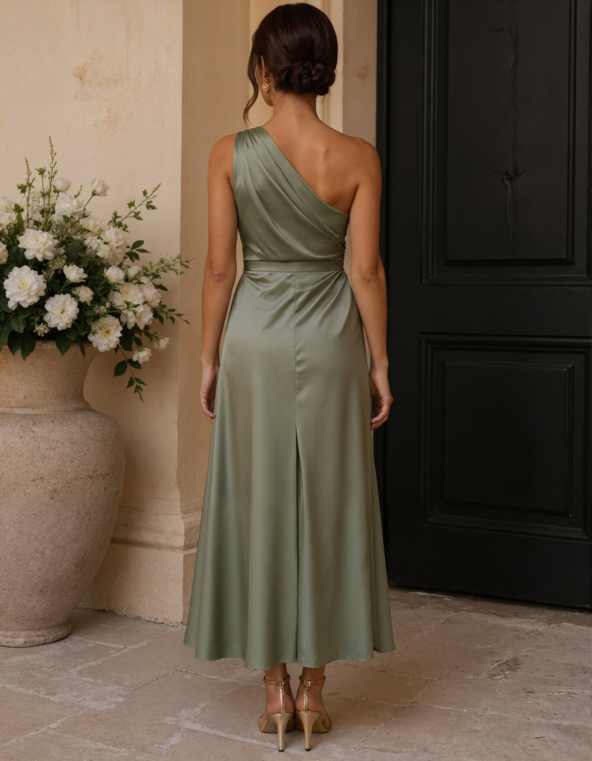 Olive Green Satin One Shoulder High Slit Midi Dress