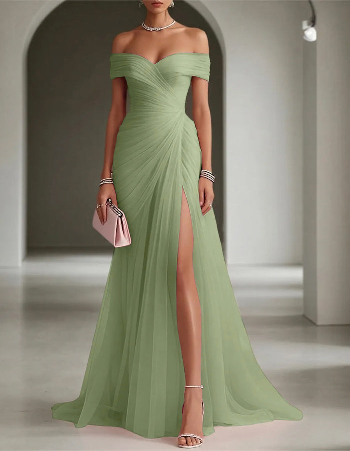 Solid Color Off-Shoulder Mesh Ruched Maxi Dress with Slit