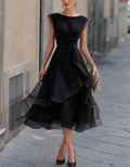 Multi-colored Boat-neck Organza Midi Dress