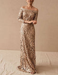 Solid Color Off-Shoulder Sequined Maxi Dress