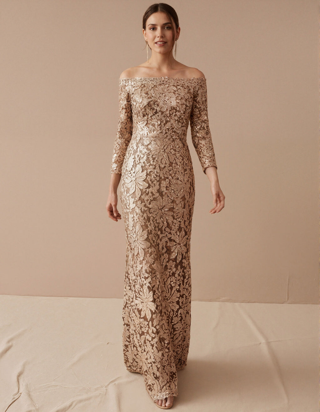 Solid Color Off-Shoulder Sequined Maxi Dress