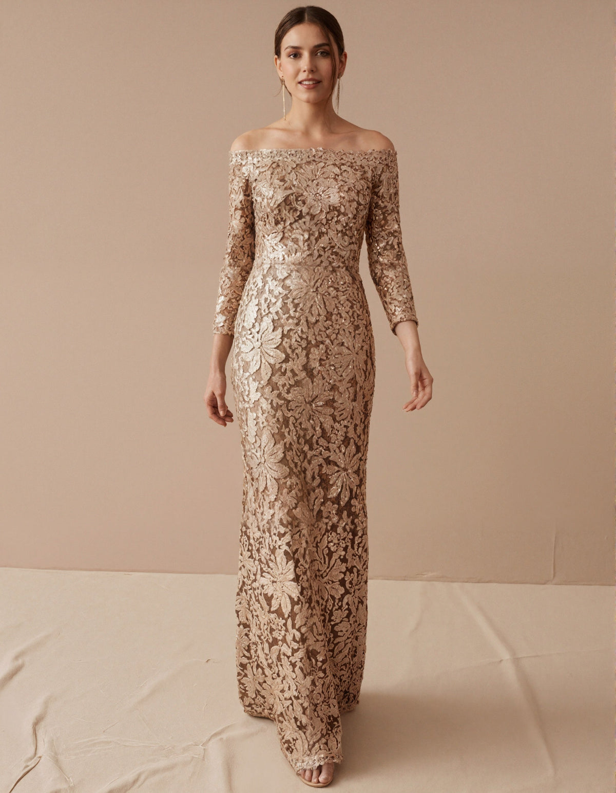 Solid Color Off-Shoulder Sequined Maxi Dress