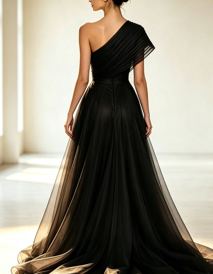 Asymmetrical One-shoulder Pleats Maxi Dress