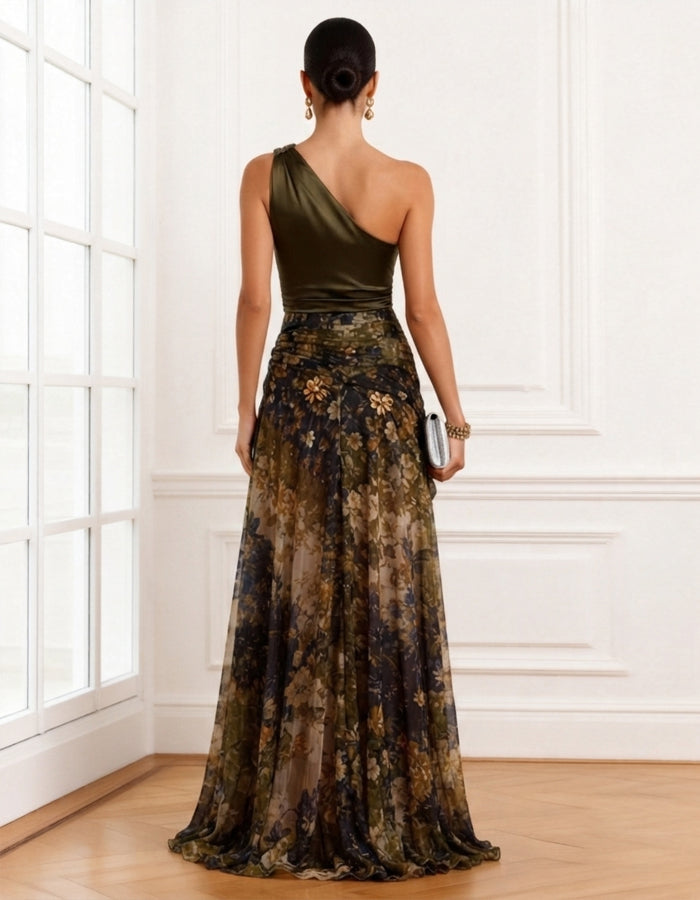 Olive Green Satin One Shoulder Design With Chiffon Print And Slit Maxi Dress