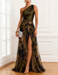 Olive Green Satin One Shoulder Design With Chiffon Print And Slit Maxi Dress