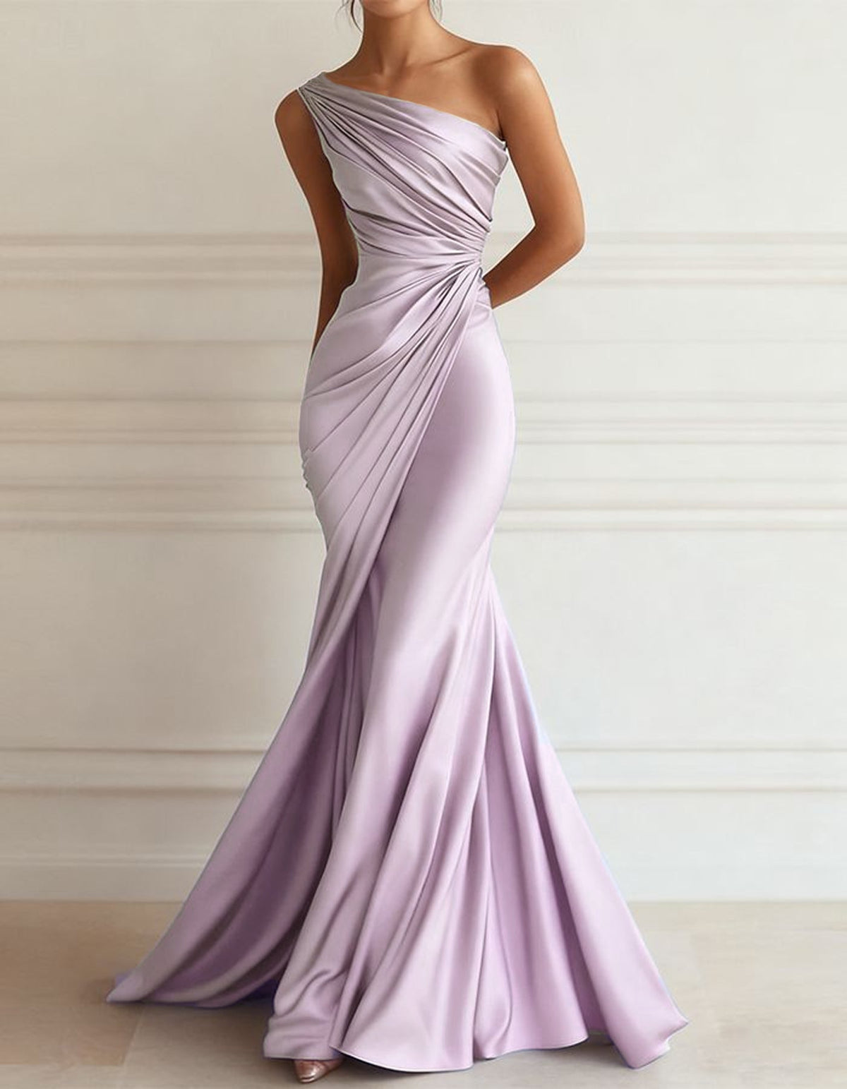 One-Shoulder Stretch Satin Pleated Maxi Dress