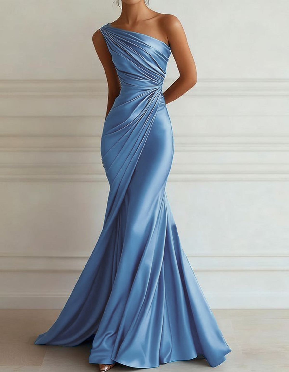 One-Shoulder Stretch Satin Pleated Maxi Dress
