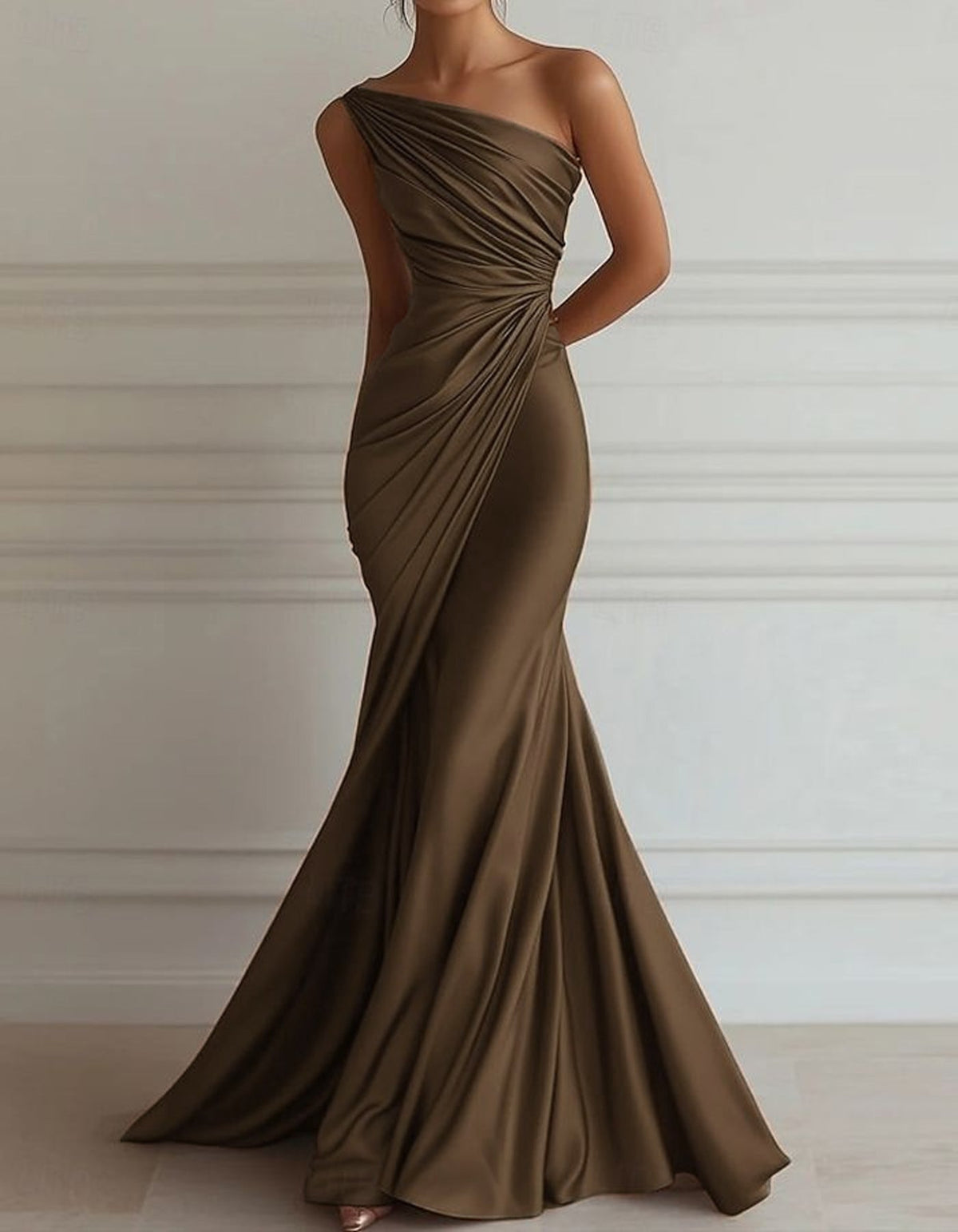 One-Shoulder Stretch Satin Pleated Maxi Dress