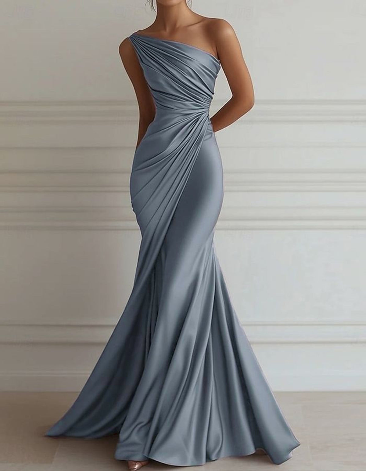 One-Shoulder Stretch Satin Pleated Maxi Dress