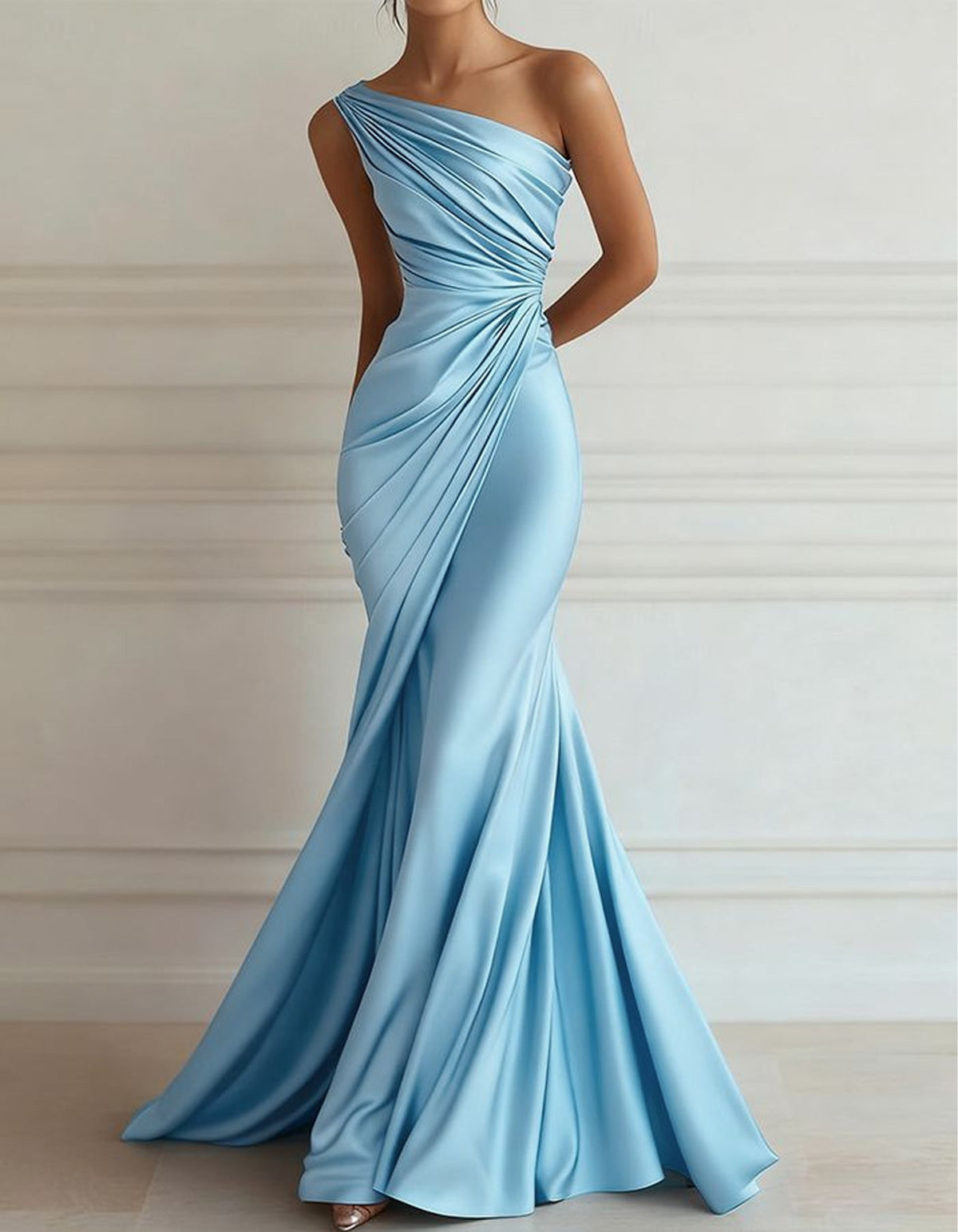 One-Shoulder Stretch Satin Pleated Maxi Dress