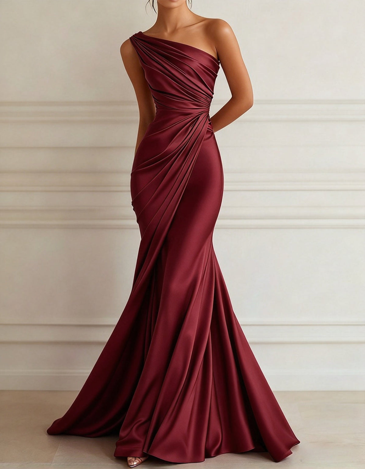 One-Shoulder Stretch Satin Pleated Maxi Dress