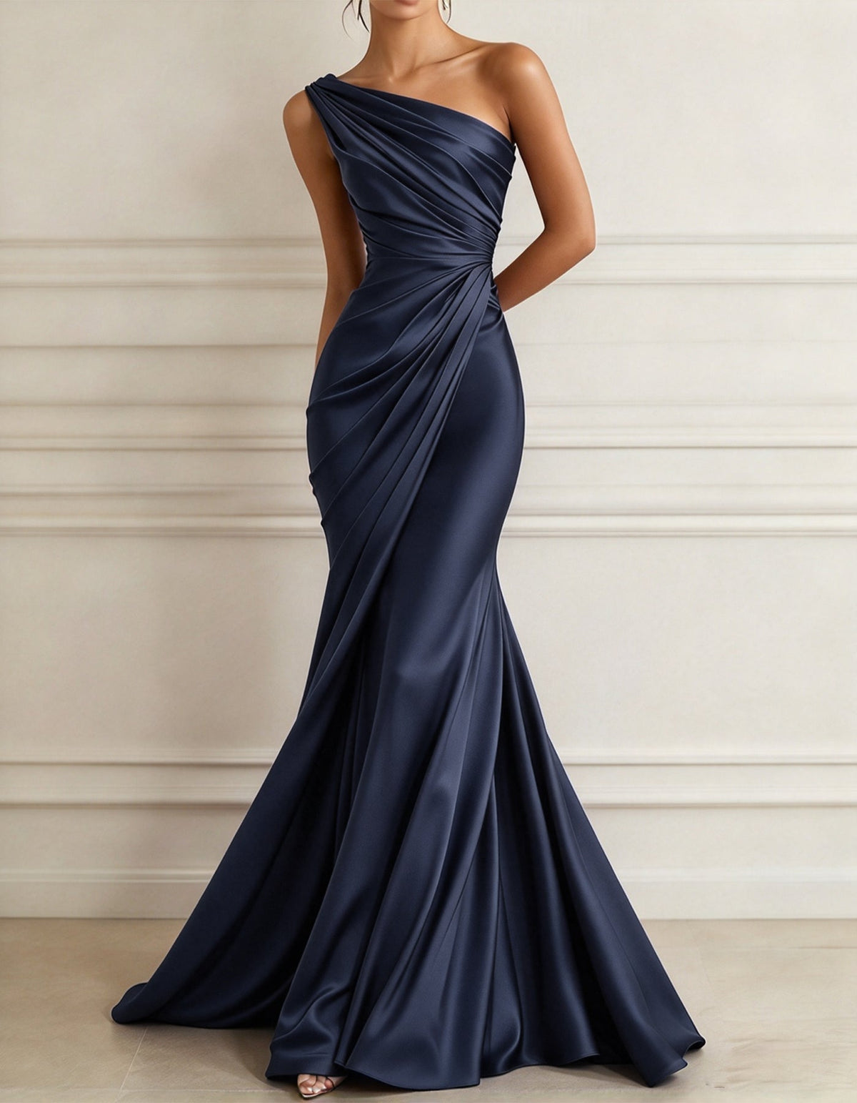 One-Shoulder Stretch Satin Pleated Maxi Dress