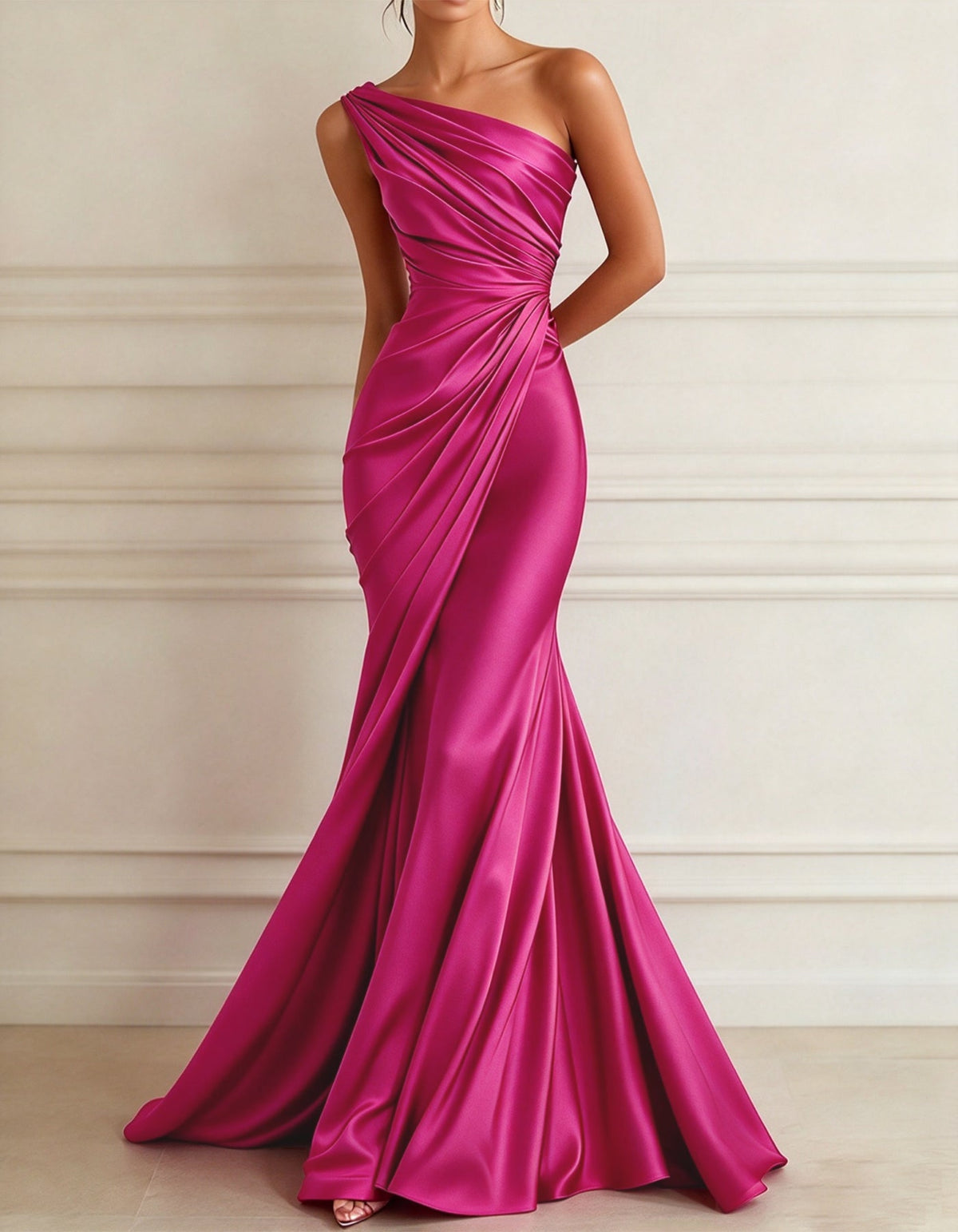 One-Shoulder Stretch Satin Pleated Maxi Dress