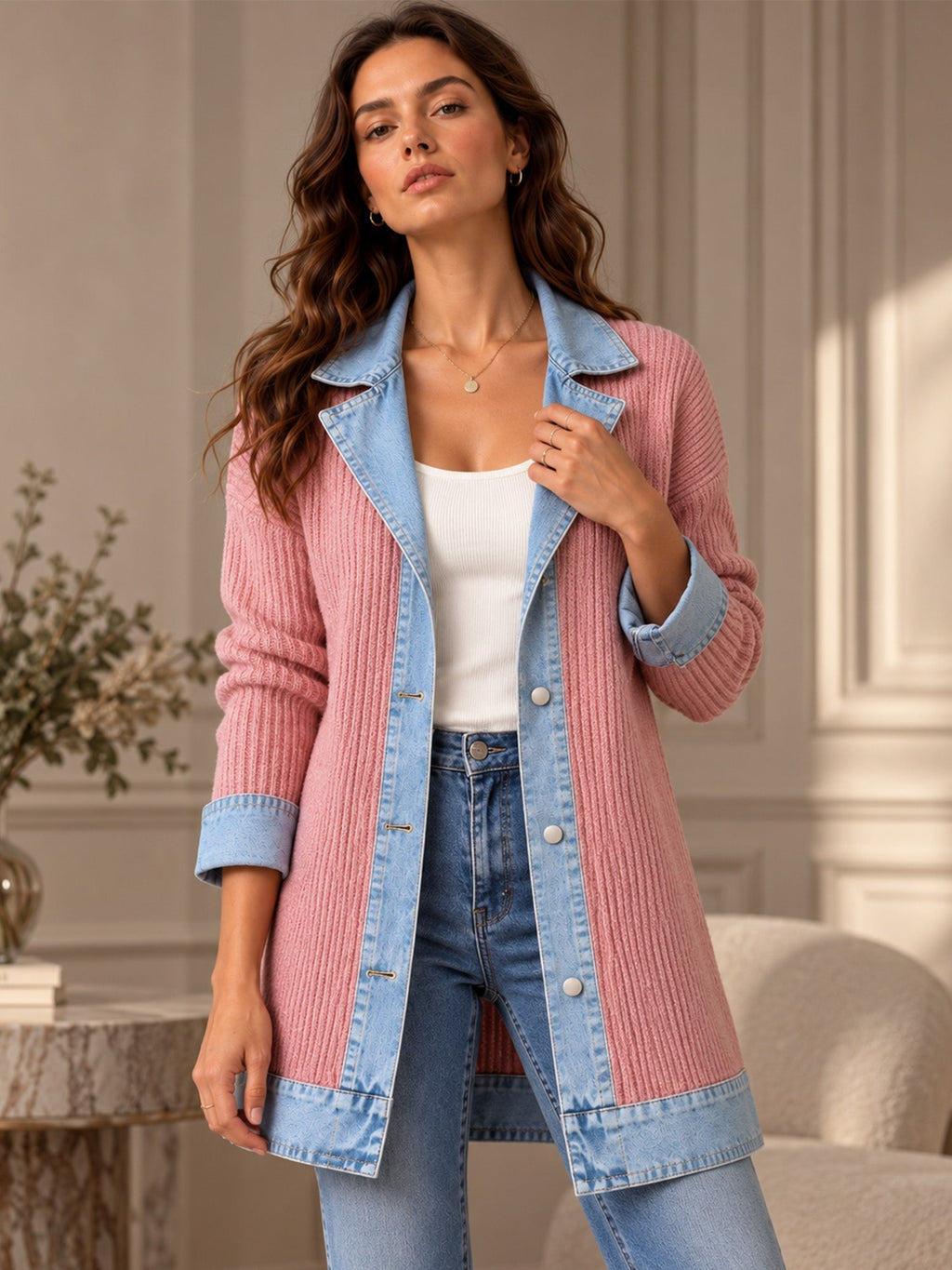 Elegant women's rib-knit coat with denim panels