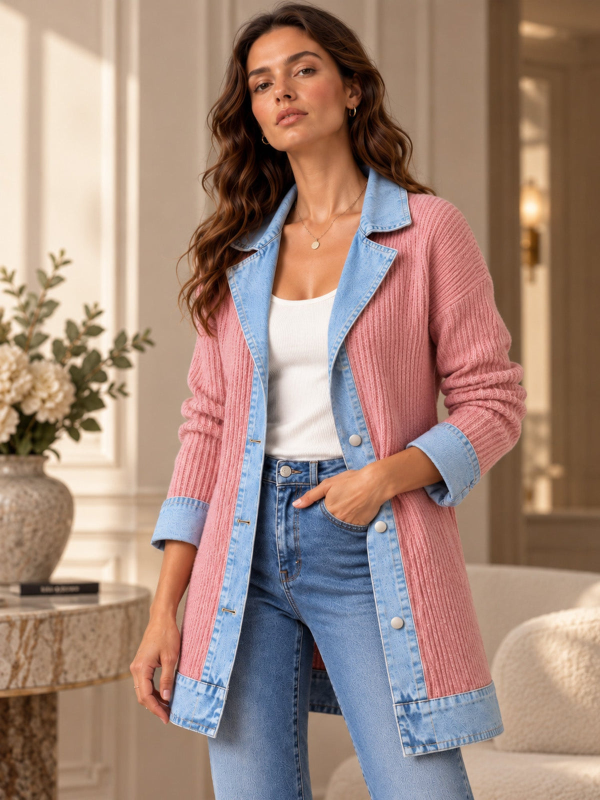 Elegant women's rib-knit coat with denim panels