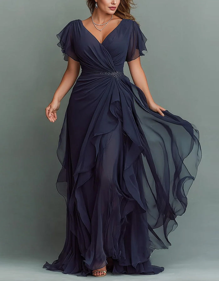 V-Neck Chiffon Maxi Dress with Beaded Waist