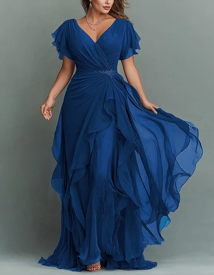V-Neck Chiffon Maxi Dress with Beaded Waist