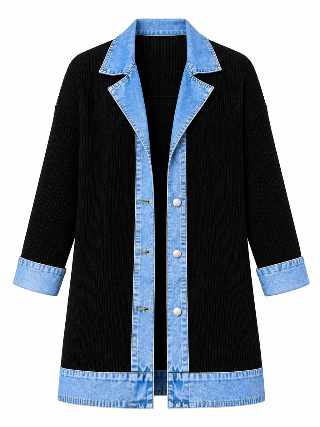 Elegant women's rib-knit coat with denim panels