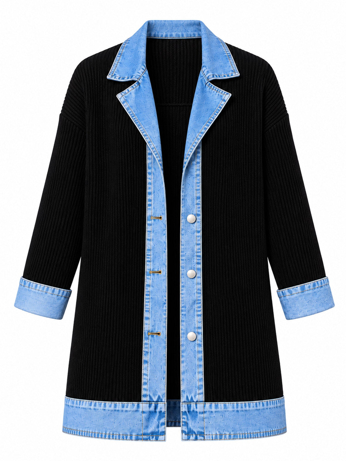 Elegant women's rib-knit coat with denim panels