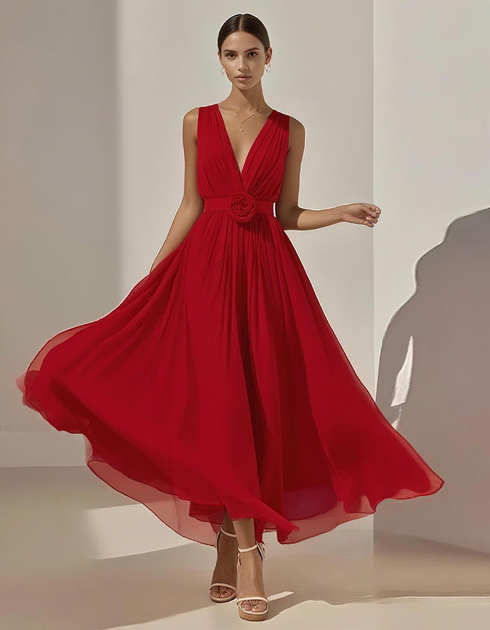 Romantic Pleated Chiffon Midi Dress with Floral Waist