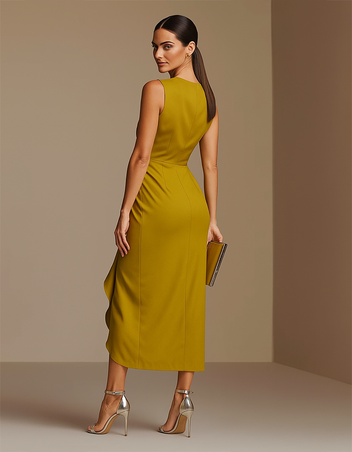 Elegant Satin Midi Dress with Draped Bodice and Floral Waist