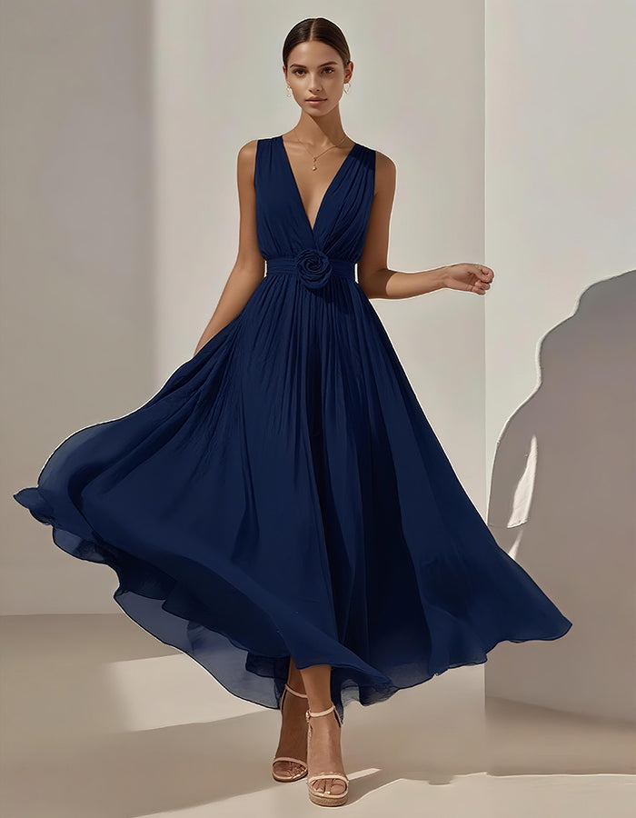 Romantic Pleated Chiffon Midi Dress with Floral Waist