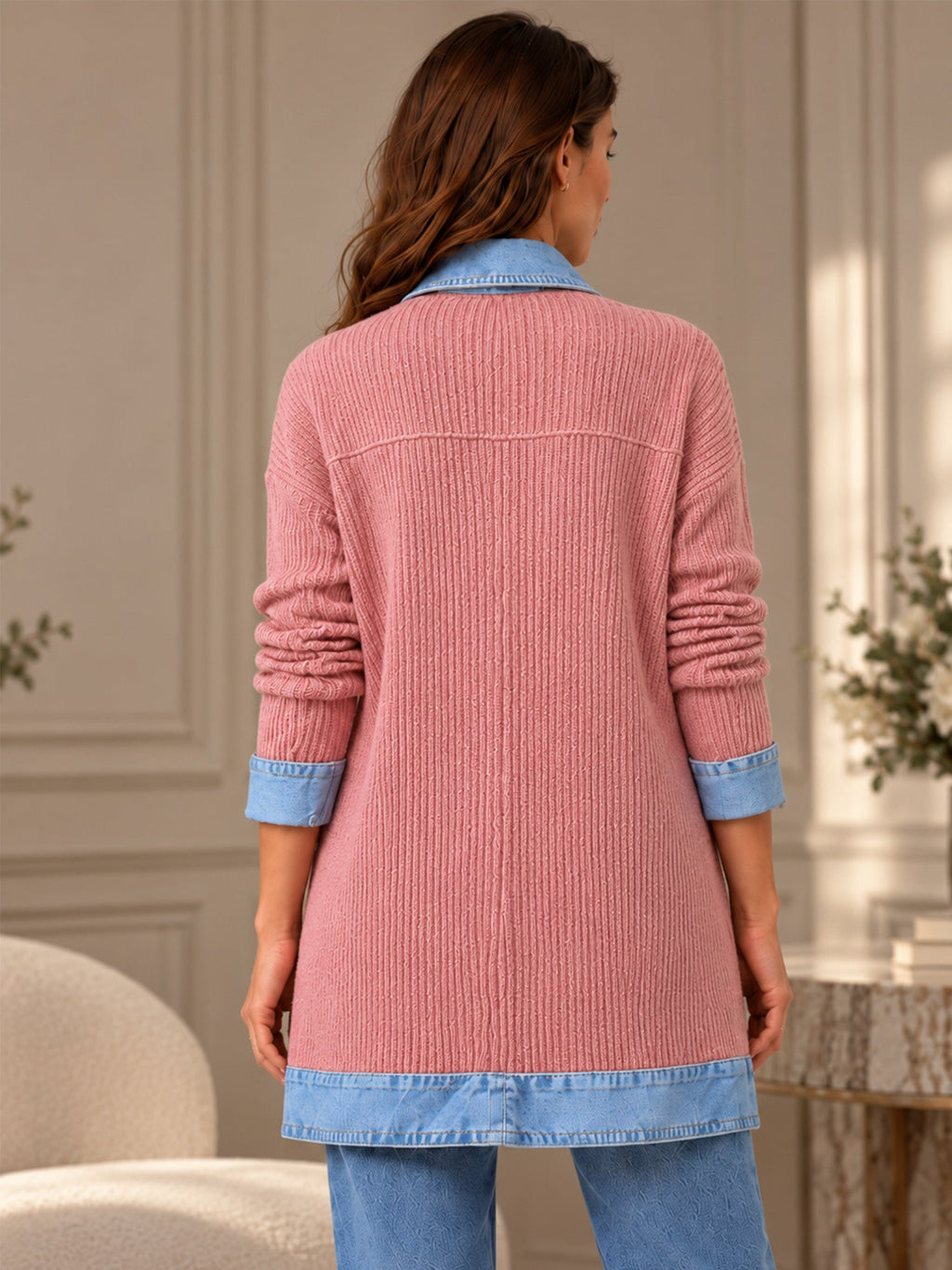 Elegant women's rib-knit coat with denim panels