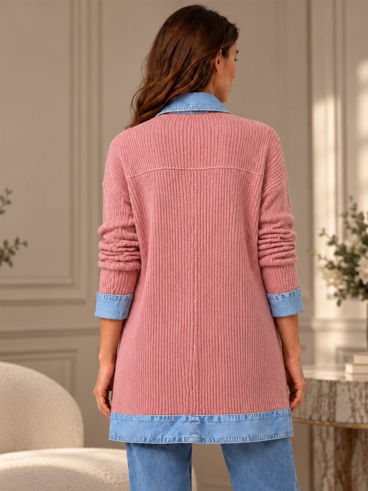 Elegant women's rib-knit coat with denim panels