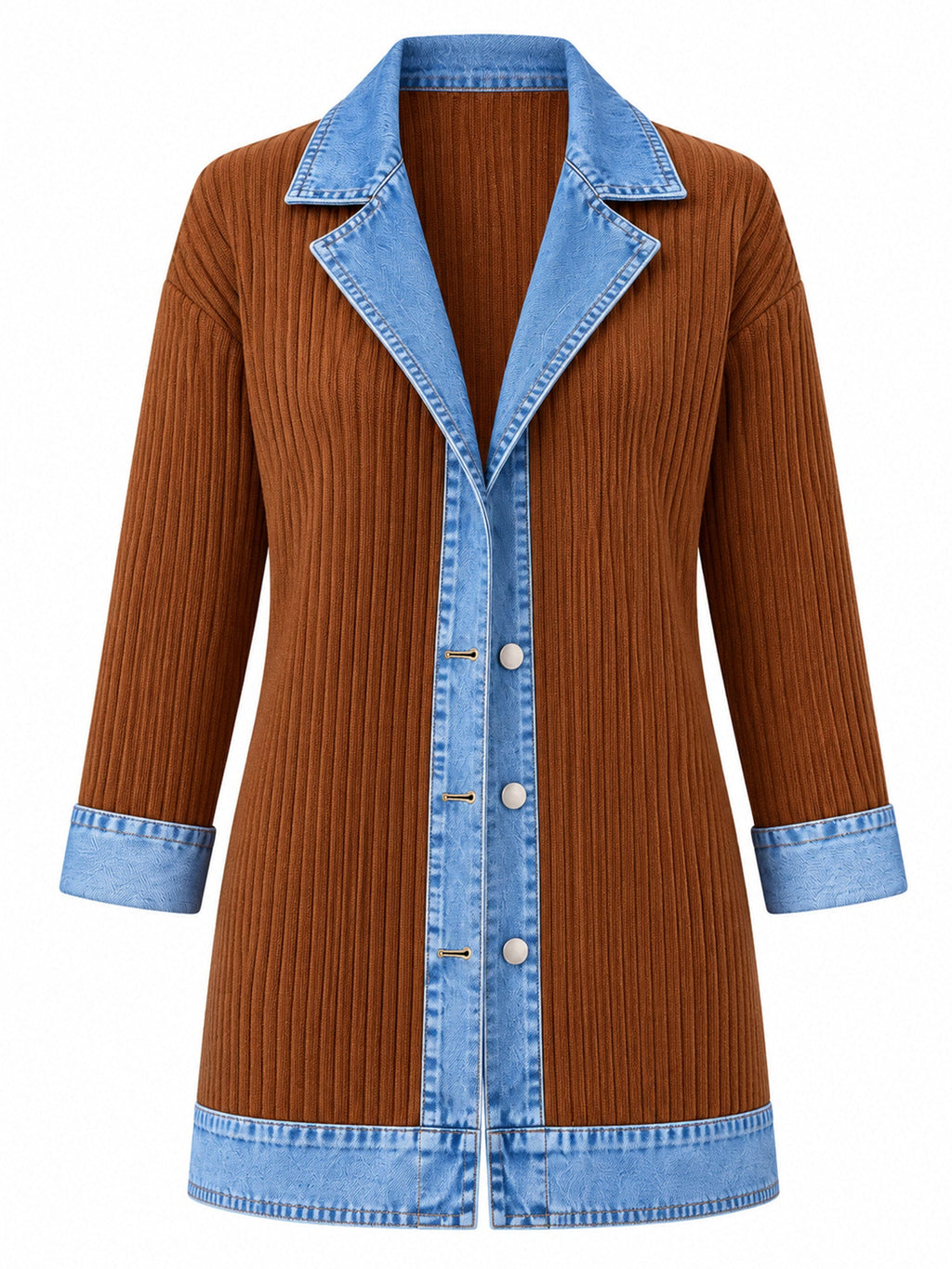 Elegant women's rib-knit coat with denim panels