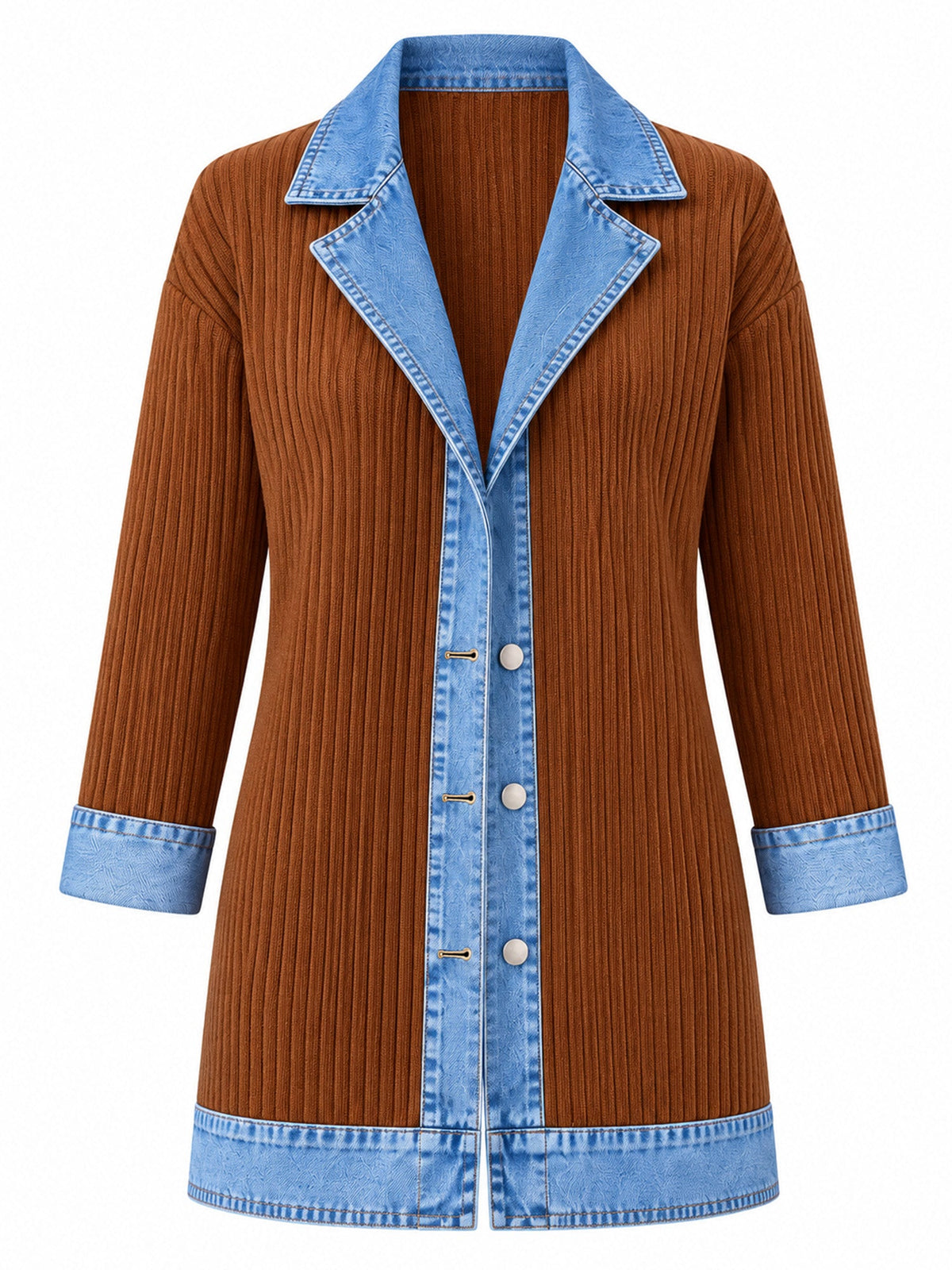 Elegant women's rib-knit coat with denim panels