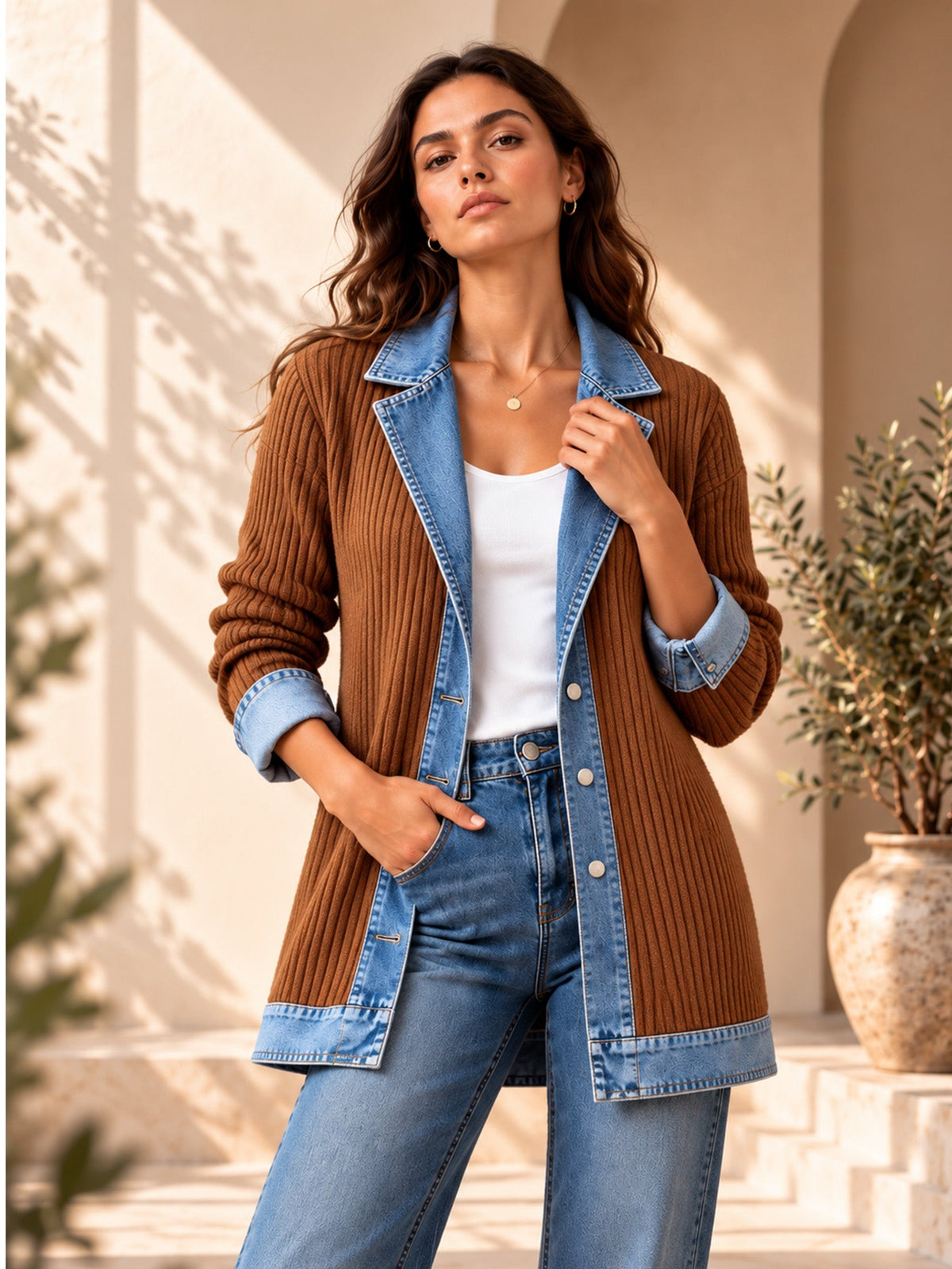 Elegant women's rib-knit coat with denim panels