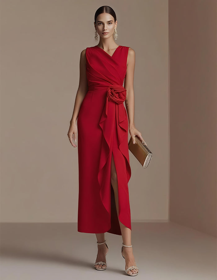 Elegant Satin Midi Dress with Draped Bodice and Floral Waist