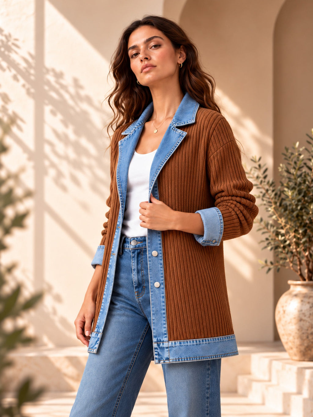 Elegant women's rib-knit coat with denim panels