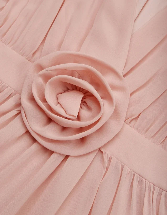 Romantic Pleated Chiffon Midi Dress with Floral Waist