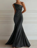 One-Shoulder Stretch Satin Pleated Maxi Dress