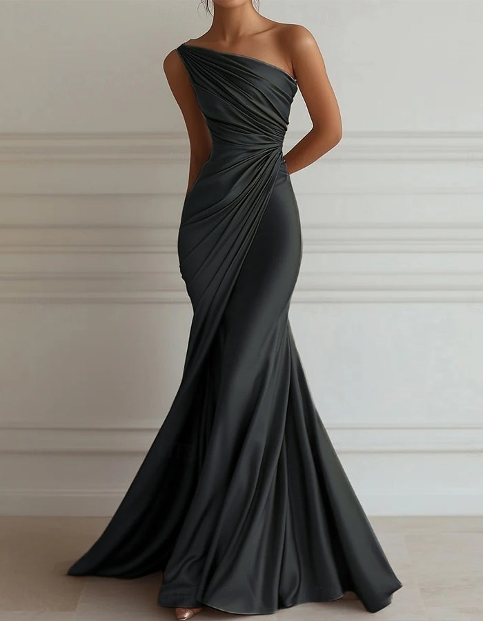 One-Shoulder Stretch Satin Pleated Maxi Dress
