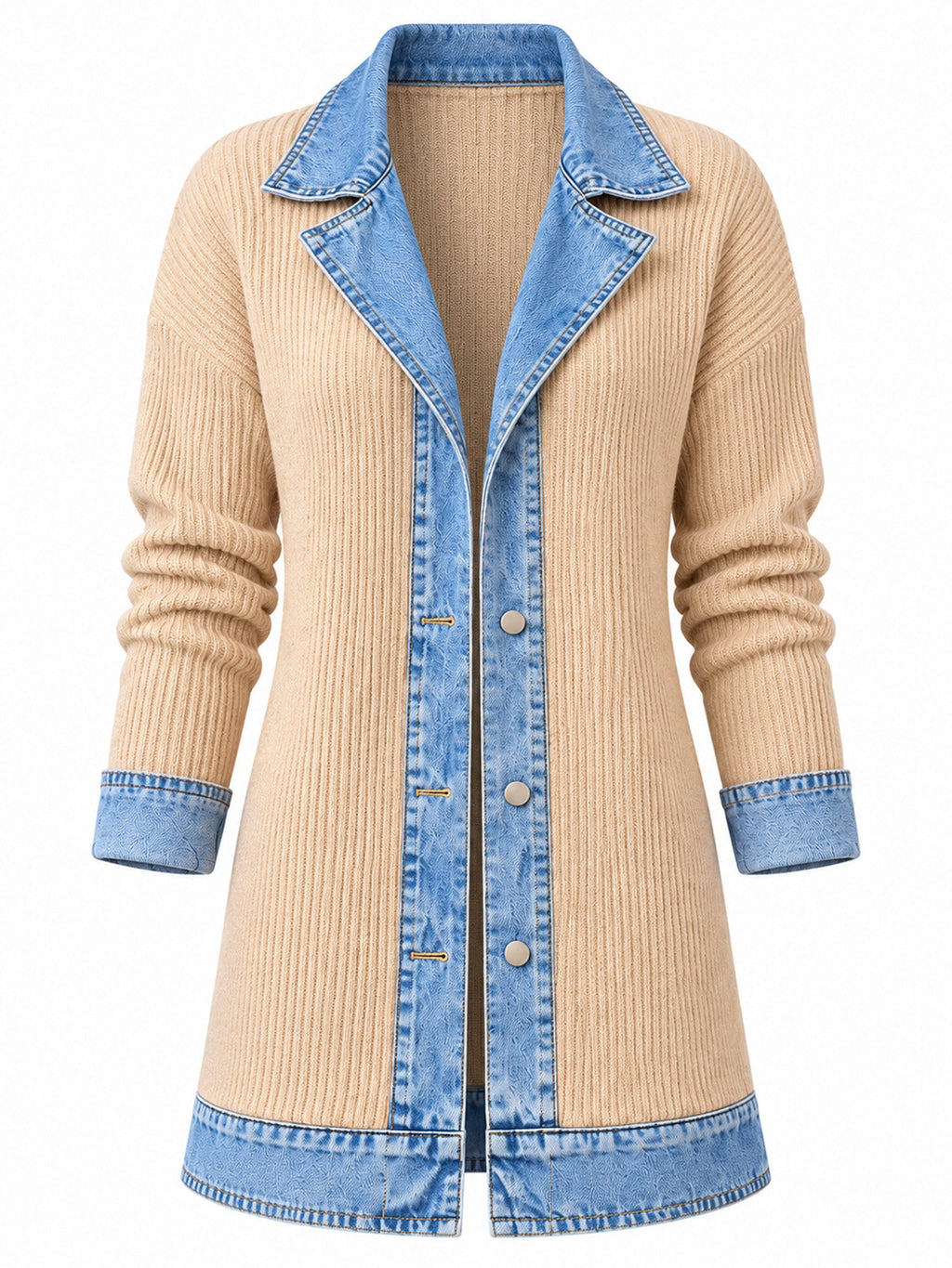 Elegant women's rib-knit coat with denim panels