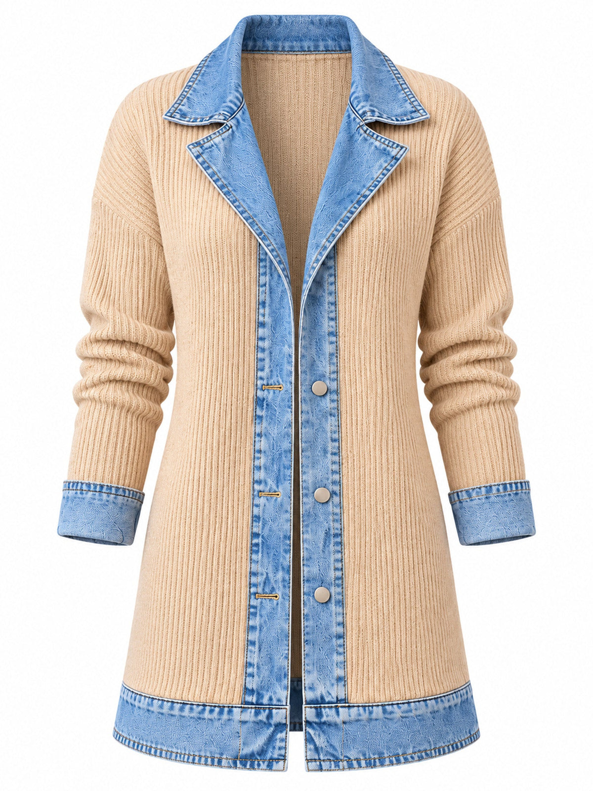 Elegant women's rib-knit coat with denim panels