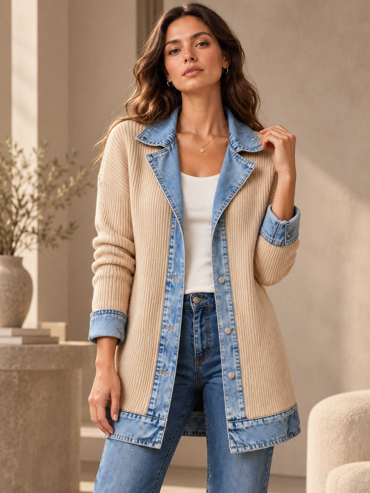 Elegant women's rib-knit coat with denim panels