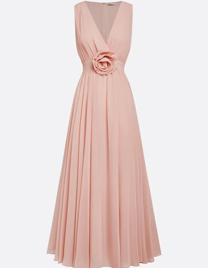 Romantic Pleated Chiffon Midi Dress with Floral Waist