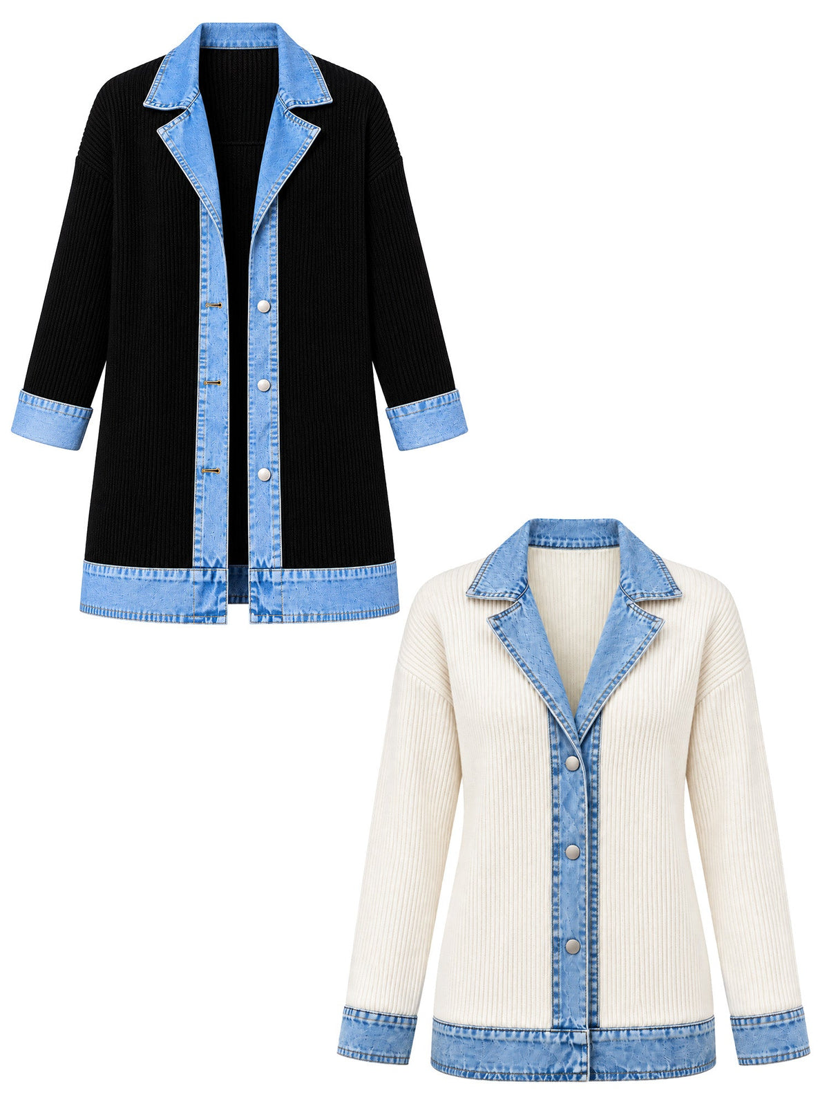 Elegant women's rib-knit coat with denim panels