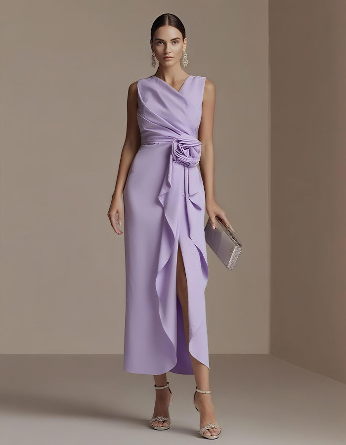 Elegant Satin Midi Dress with Draped Bodice and Floral Waist